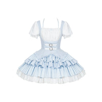 With PUJI - Unspoken Summer - Sweet Lolita OP Dress, Square Neckline & Tiered Skirt - Square-neck four-tier light blue OP In stock / S