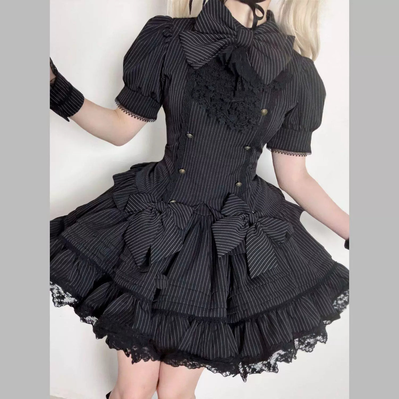 Sweetheart Dream Machine - Phantom Doll Stripe - Gothic Lolita Set with Short-Sleeve Pinstripe Top