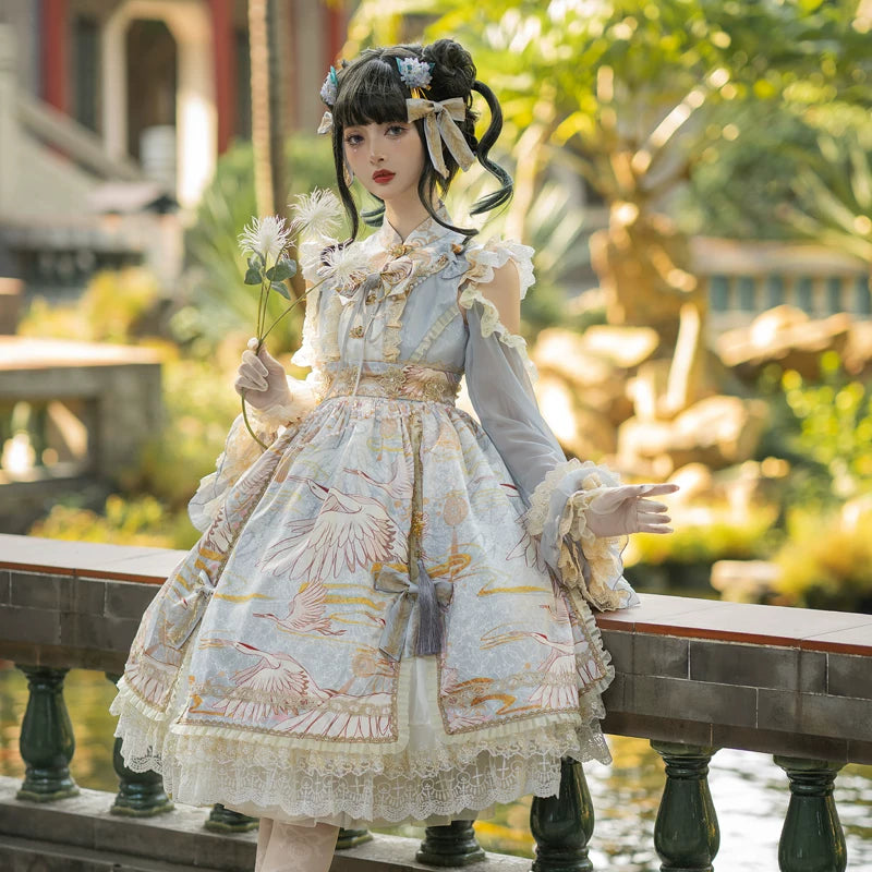 Leopard Cat Crane Distance OP dress in Qi style by Lolita Fetch, featuring a detailed leopard print fabric with elegant design elements.