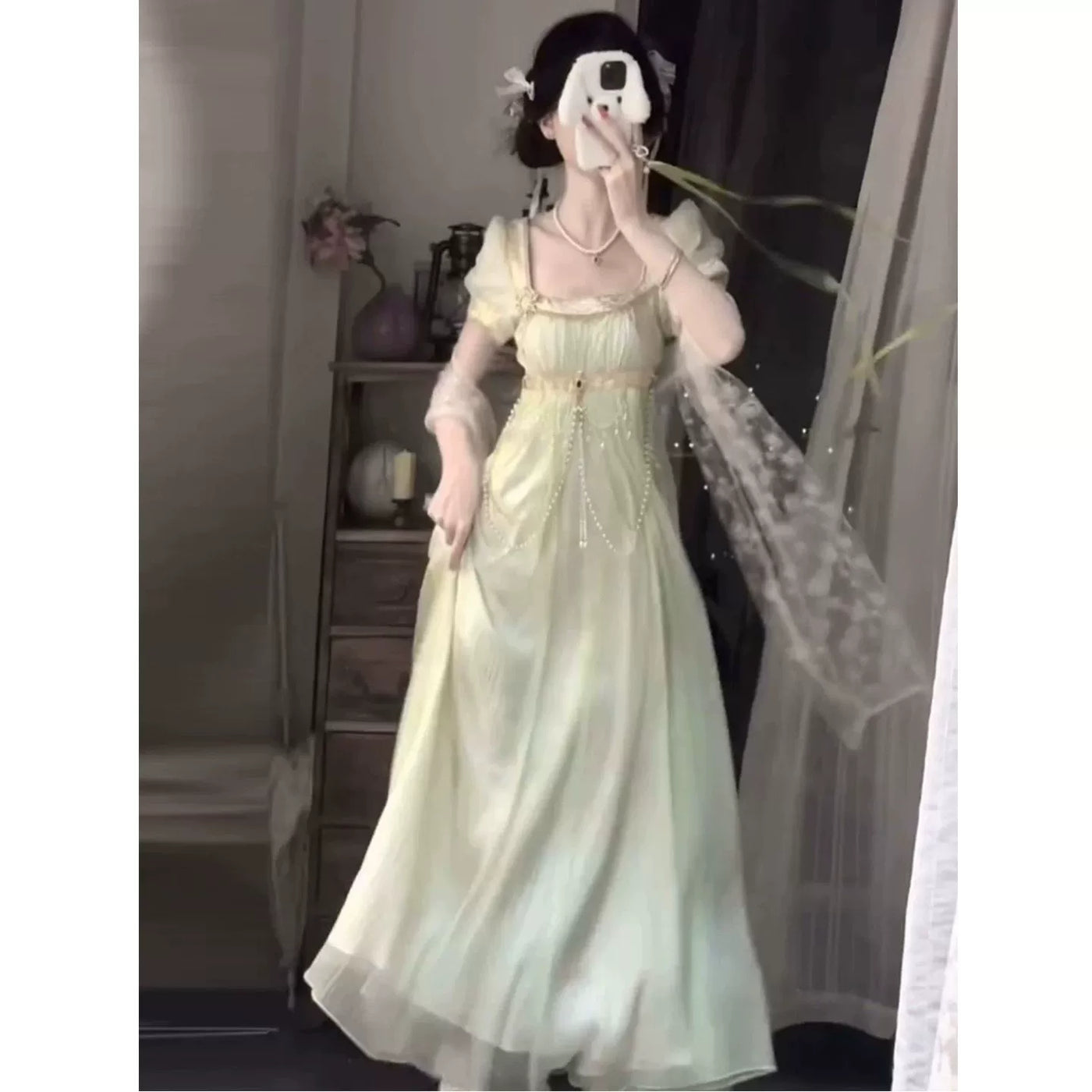Creamy - Courtly Empire - Green OP Dress with Puff Sleeves and Waist Chain