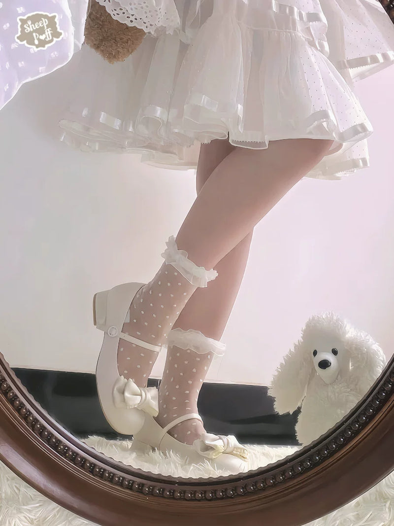 Sheep Puff bedtime fairy tale satin low heel Lolita shoes with floral embroidery and bow detail, ideal for elegant fashion.