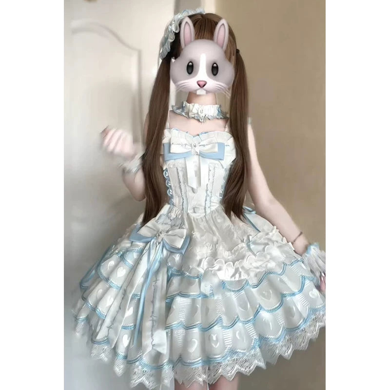Creamy - Ballet Blue - Blue-and-White Jumper Skirt with a Short Train