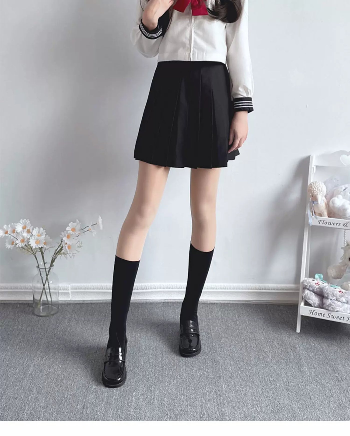 Floral Milk Cat - Black Multi-Length - Thin Heelless Socks in Four Lengths