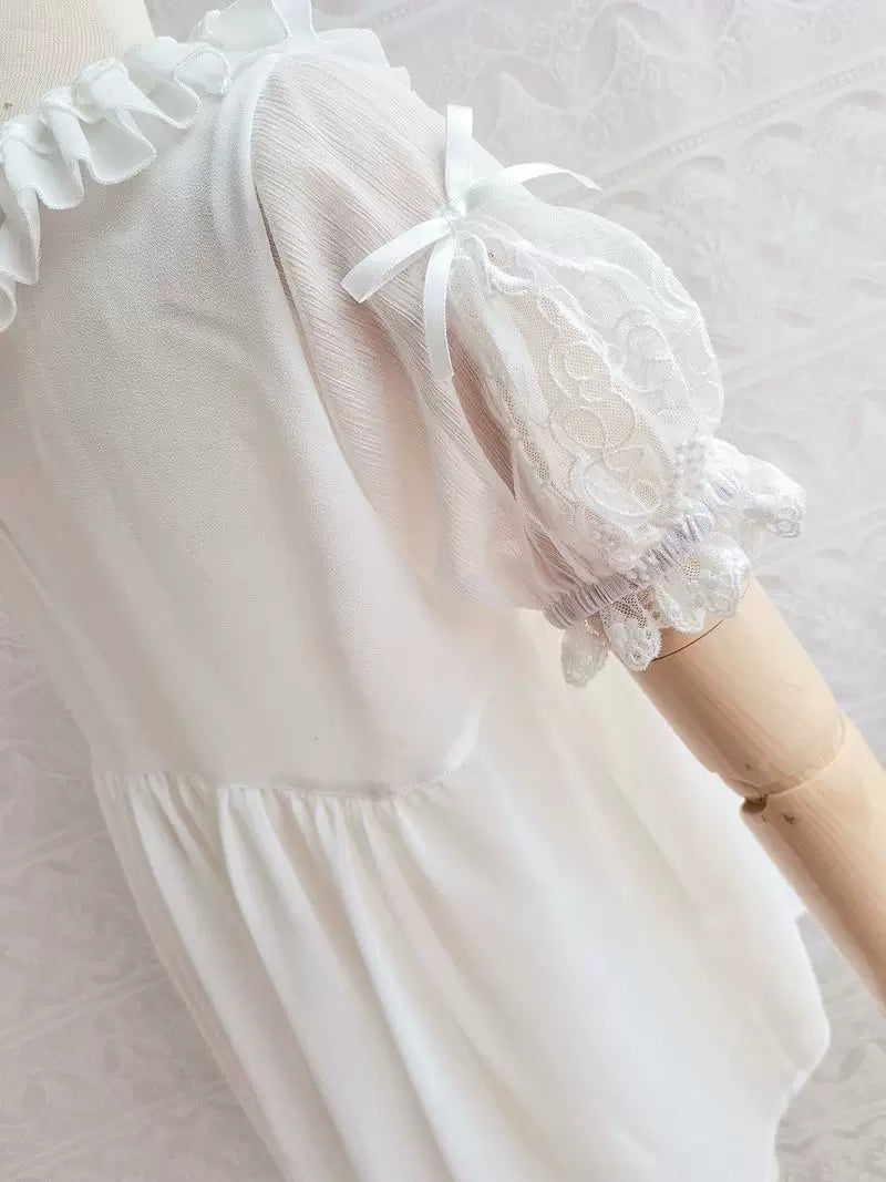 Yilia - Square Lace Bib - Loose Puff Sleeve Chiffon Blouse