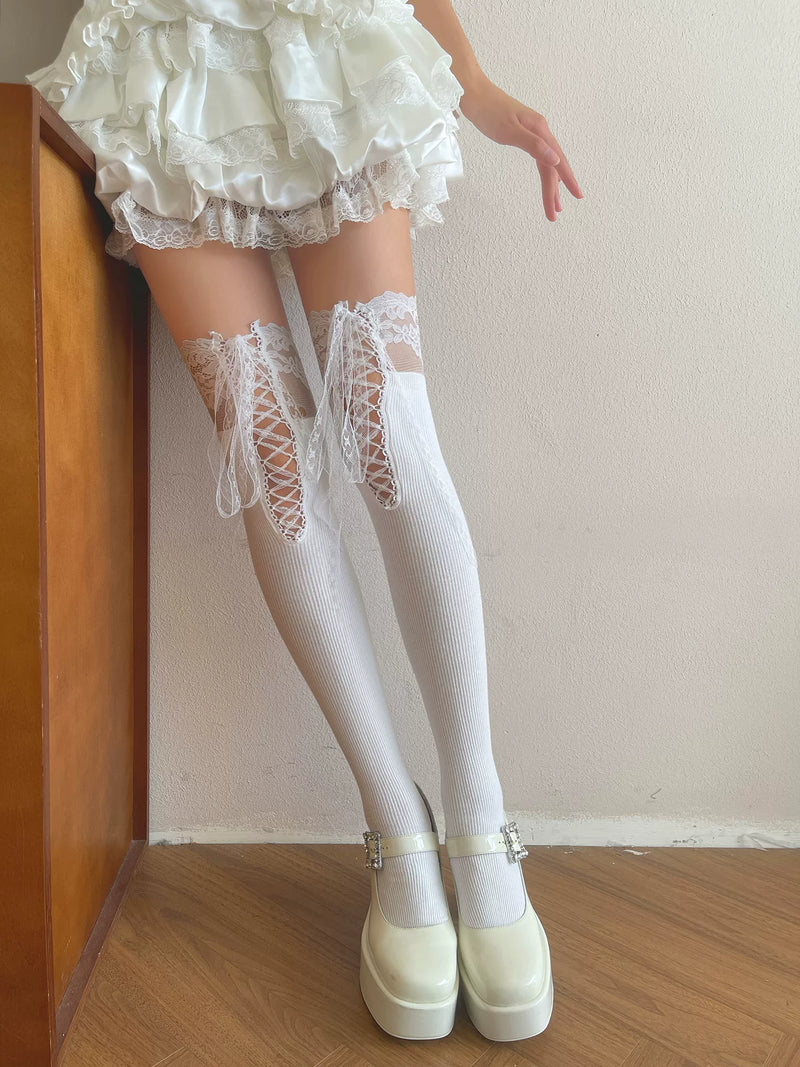 Sock Noble - Ballet Lace-Up - White Lace-Trim Lace-Up Socks in Three Lengths