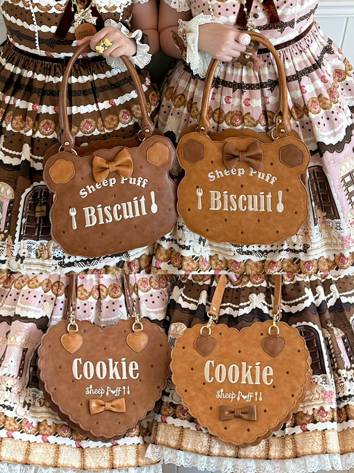 Brown bear-ear and heart-shaped biscuit bags displayed with Lolita dresses.