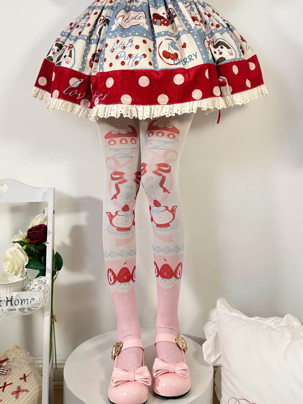 60D velvet printed pantyhose with strawberry cake and tea motifs