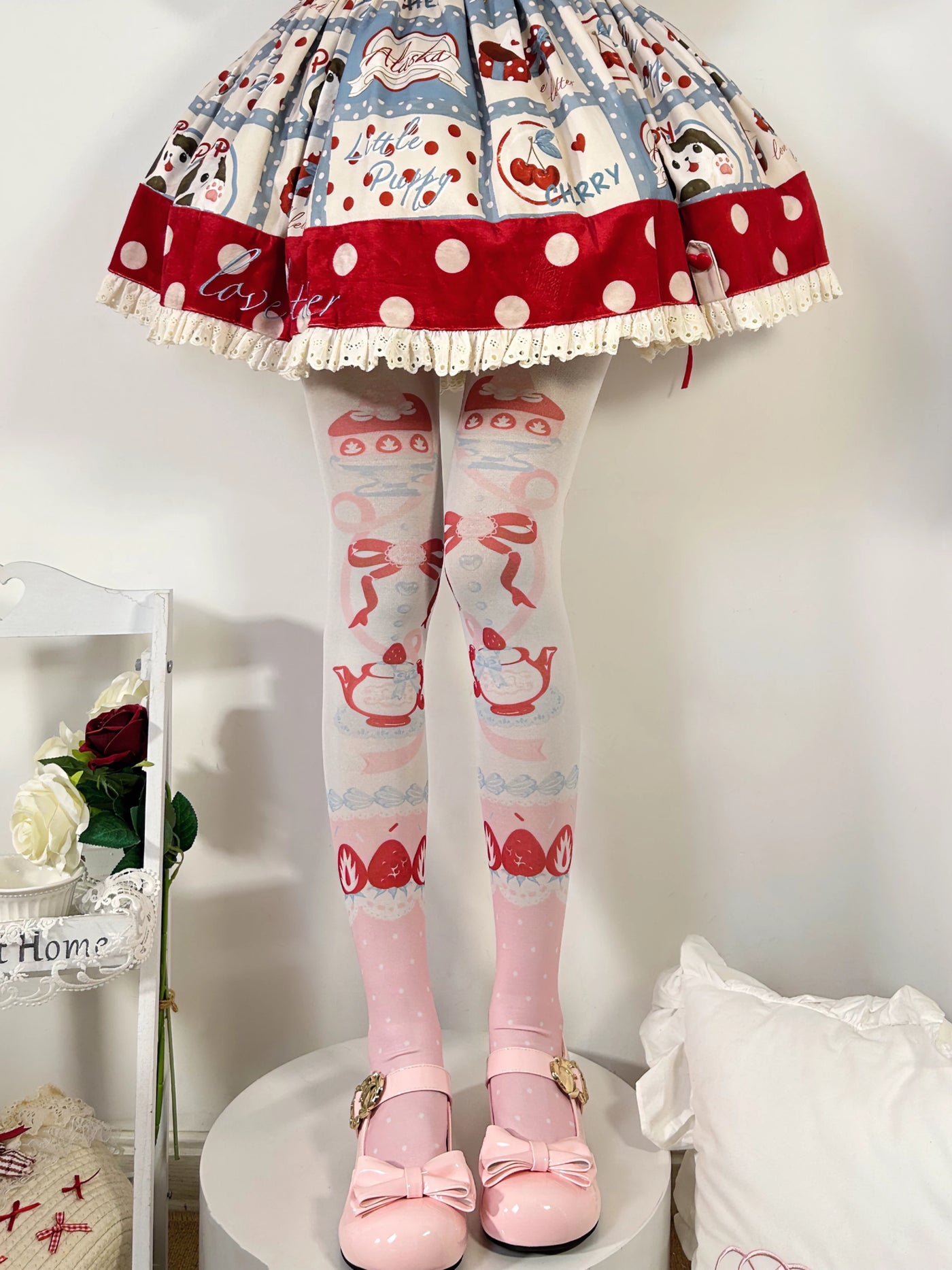 60D velvet printed pantyhose with strawberry cake and tea motifs