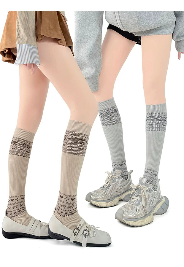 White Socks - Nordic Gray - Mid-Calf Slouch Socks with Fair Isle-Style Bands