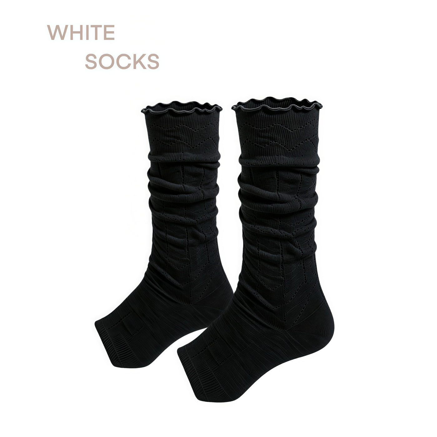 White Socks - Ruched Mesh - Mid-Calf Stirrup Socks with Ruffle Cuffs