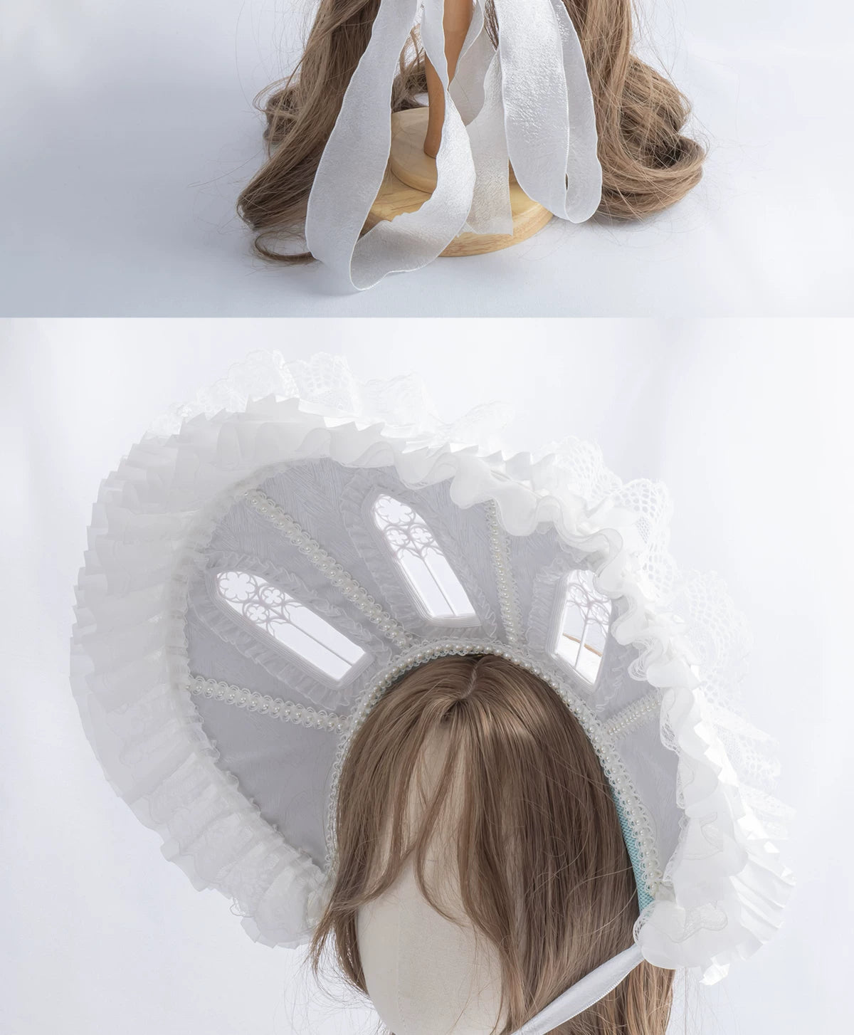Lightbound Narrative - Cross Window - Bonnet with Lace Ruffle and Cross Motifs