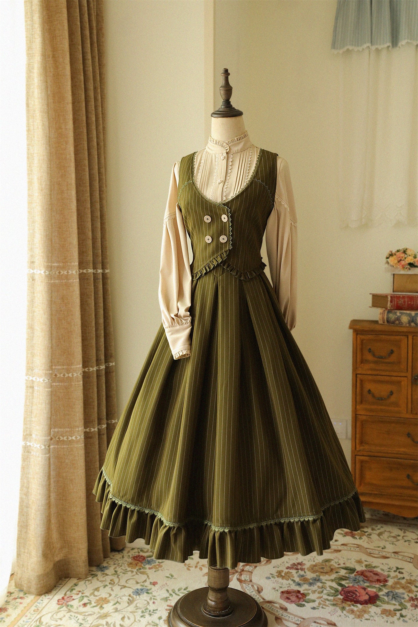 North of the Forest - Classic Lolita Striped Vest Skirt Set S Olive Green Vest In stock