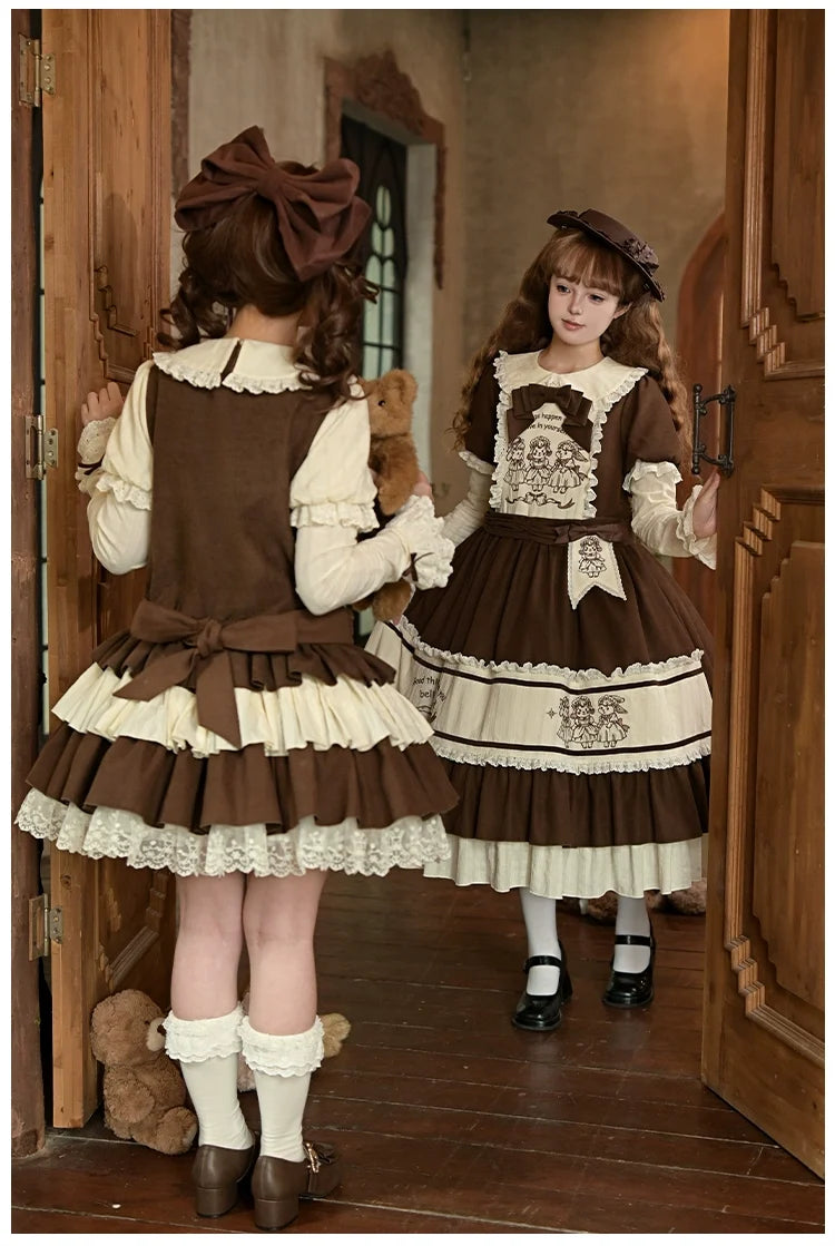 With PUJI - Sugar Frost Tale - Kawaii Lolita OP Button Closure Dress, Lamb & Bunny Embroidery