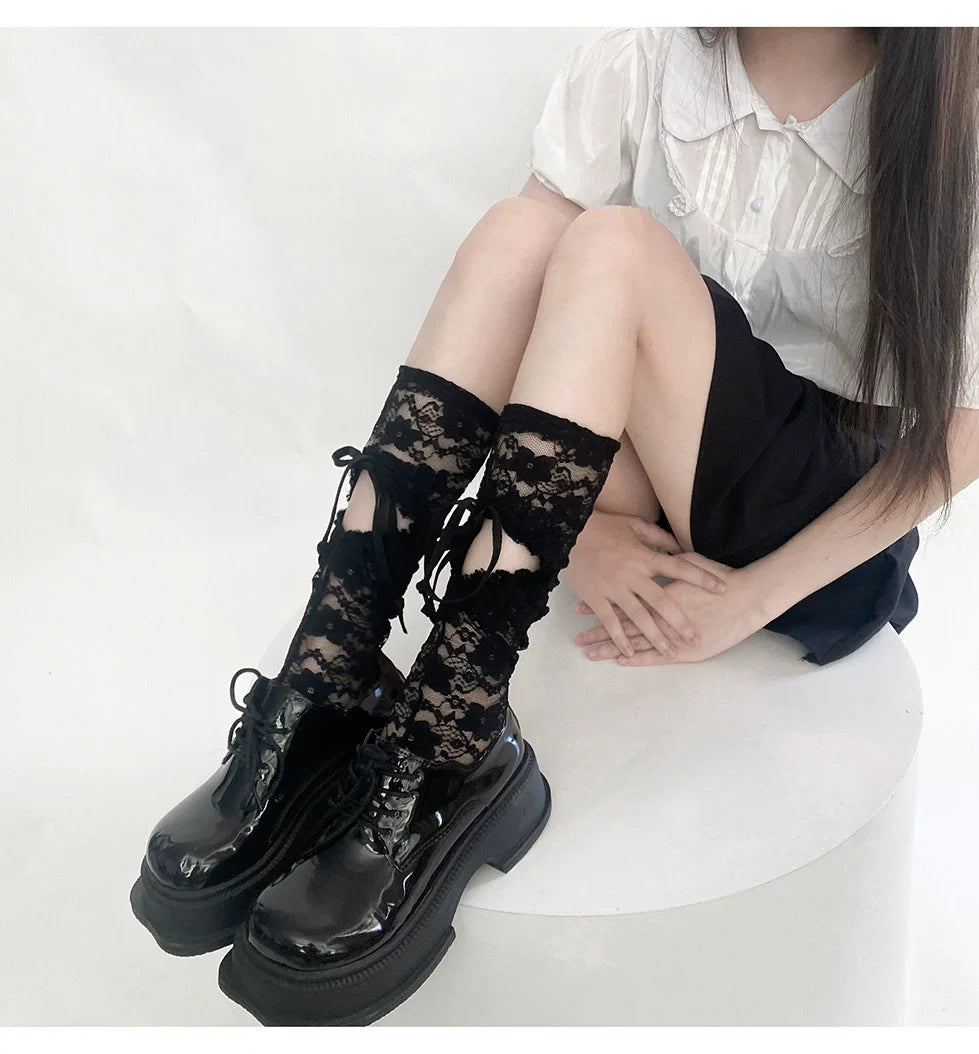 Fantasy Doll - Ribbon Lace - Mid-Calf Socks with Cutout Ribbon Lacing