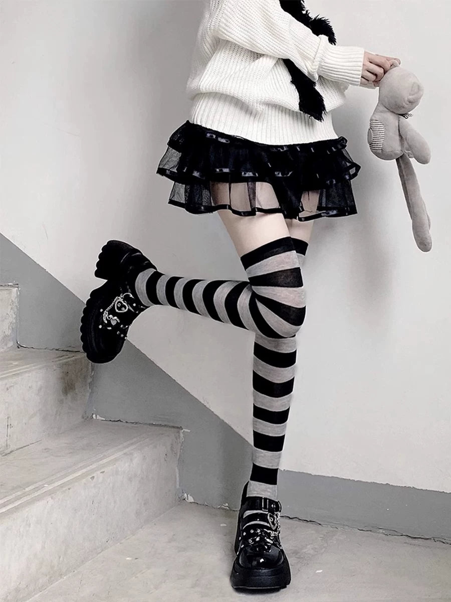 Floral Milk Cat - Graphic Stripe - Over-the-Knee Striped Socks