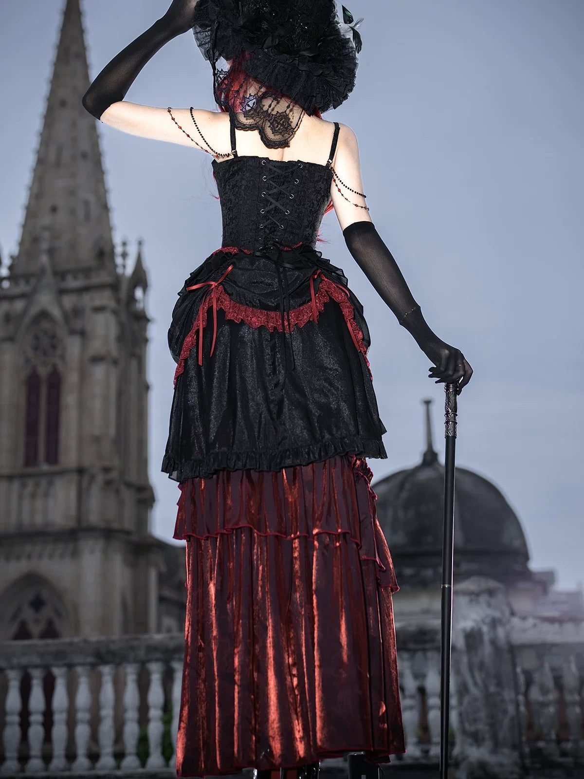 Your Princess - Bone Rot Bloom - Gothic Lolita Embroidered Camisole & Drawstring Lift-up Hem Skirt