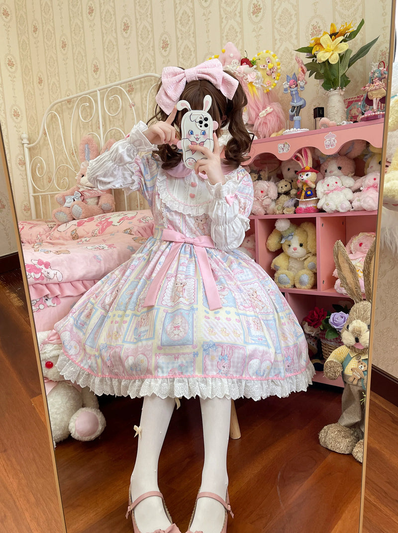 Lady Han Sweet Bunny Bear Lolita dress featuring adorable pastel bunny and bear motifs, perfect for cute, elegant fashion.