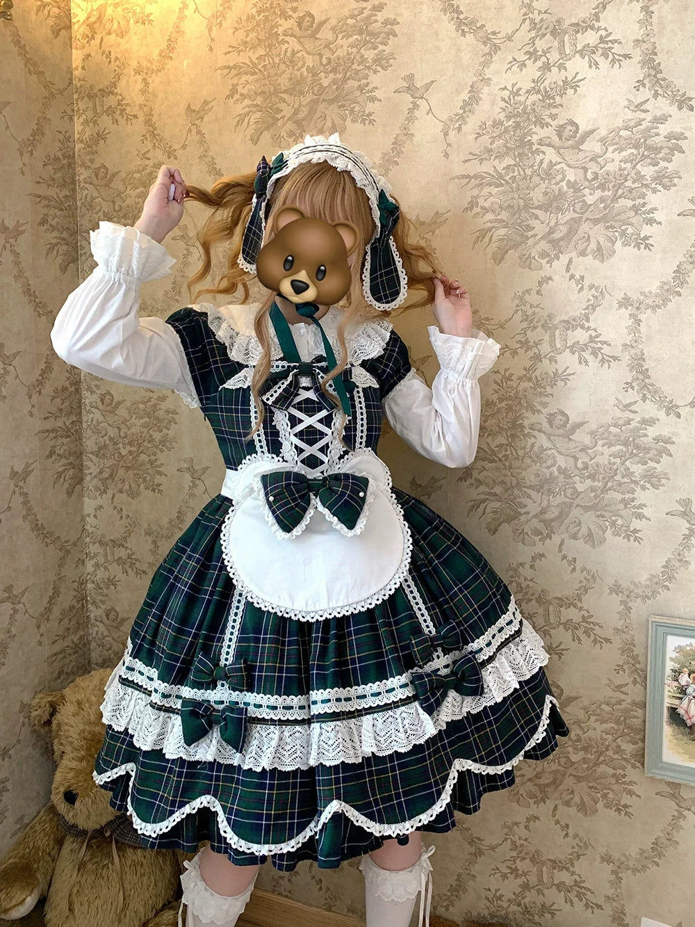 Miss Point - Plaid Petal Bunny - Old School Lolita Bunny Ear Headdress, Bear Ear Apron