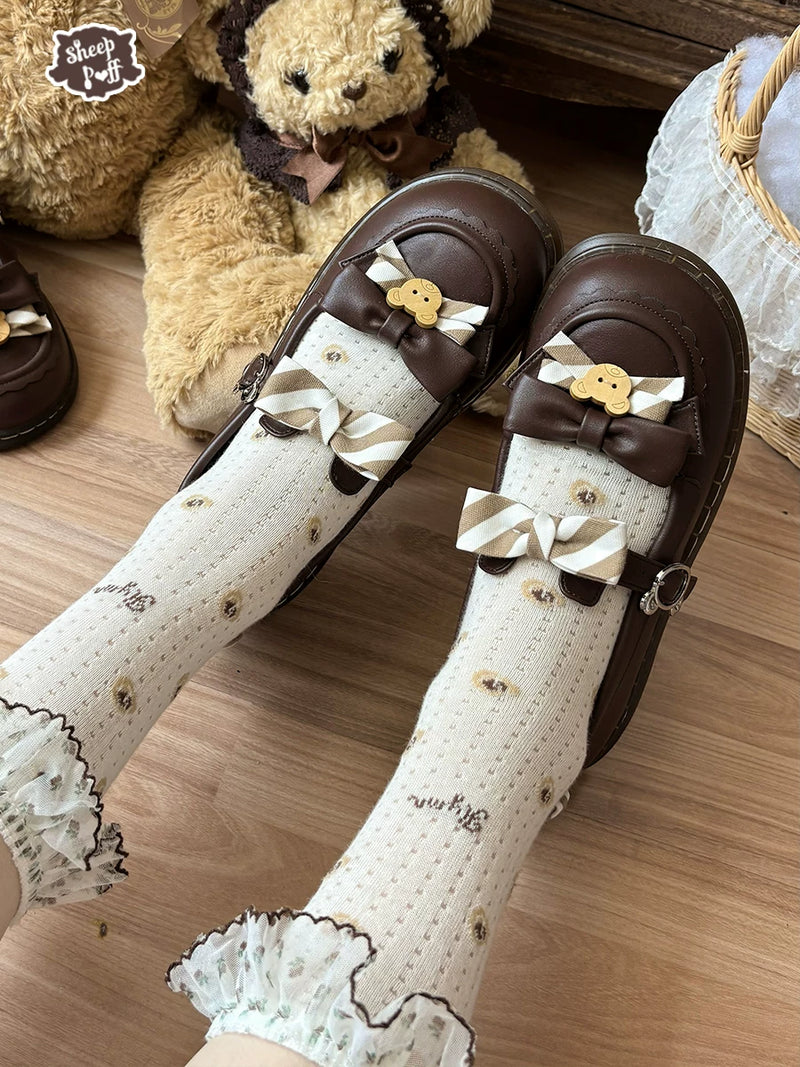 Sheep Puff Bear Uniform 2.0 low heel Lolita shoes in white with cute bear accents, perfect for elegant Lolita fashion.