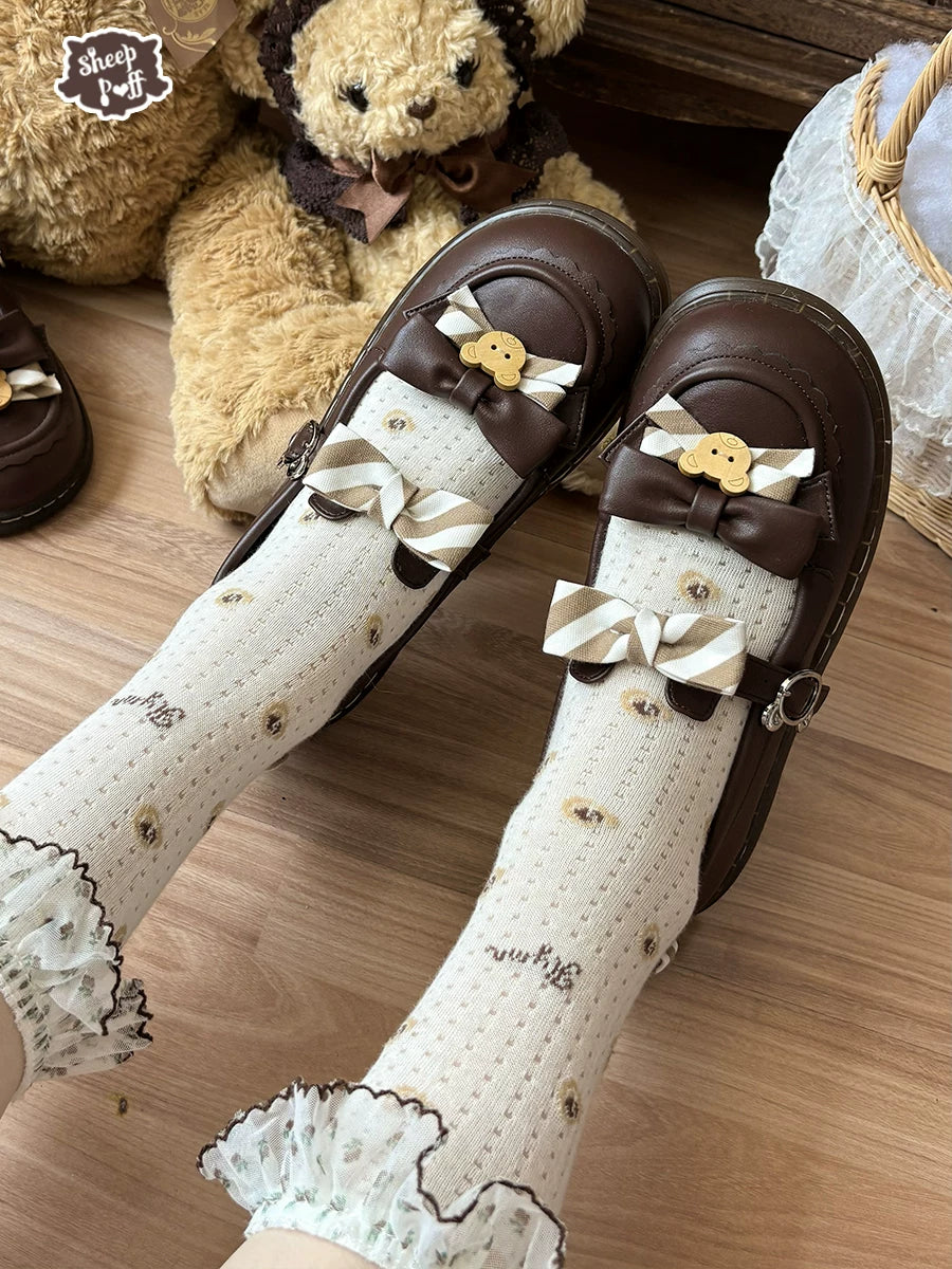 Sheep Puff Bear Uniform 2.0 low heel Lolita shoes in white with cute bear accents, perfect for elegant Lolita fashion.