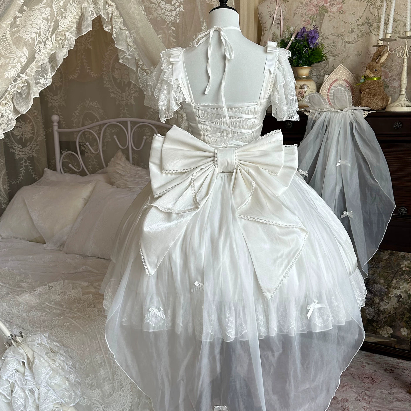 Moon Lily - Love Snow - White-and-Pink or Pure-White JSK with Layered Lace and Bows