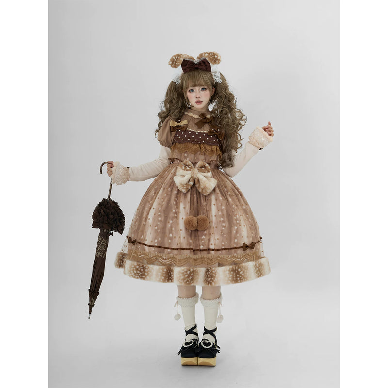 Tan Tuan Frosted Deer Coffee layering top styled with a coordinating brown JSK; the brown JSK is a styling reference.