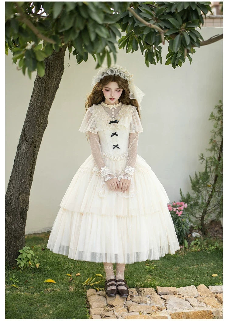 With PUJI - White Mist Promise - Classic Lolita Corset OP Set, Edwardian Collar & Tiered Hem