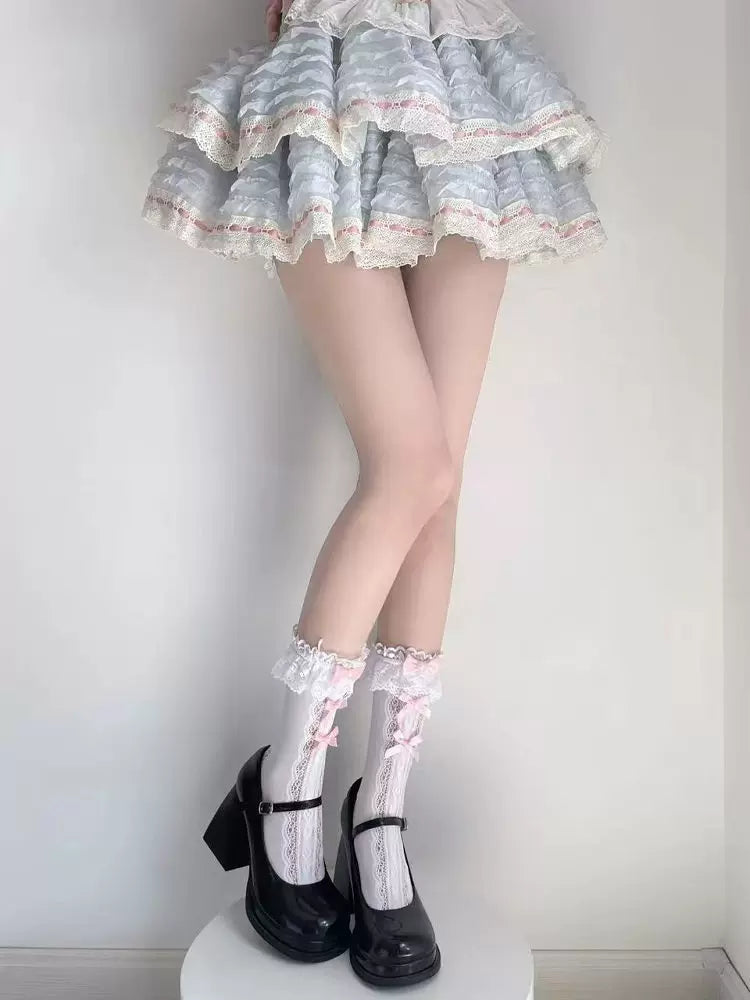 Fantasy Doll - Heart Jacquard - Mid-Calf Socks with Lace and Bow Details