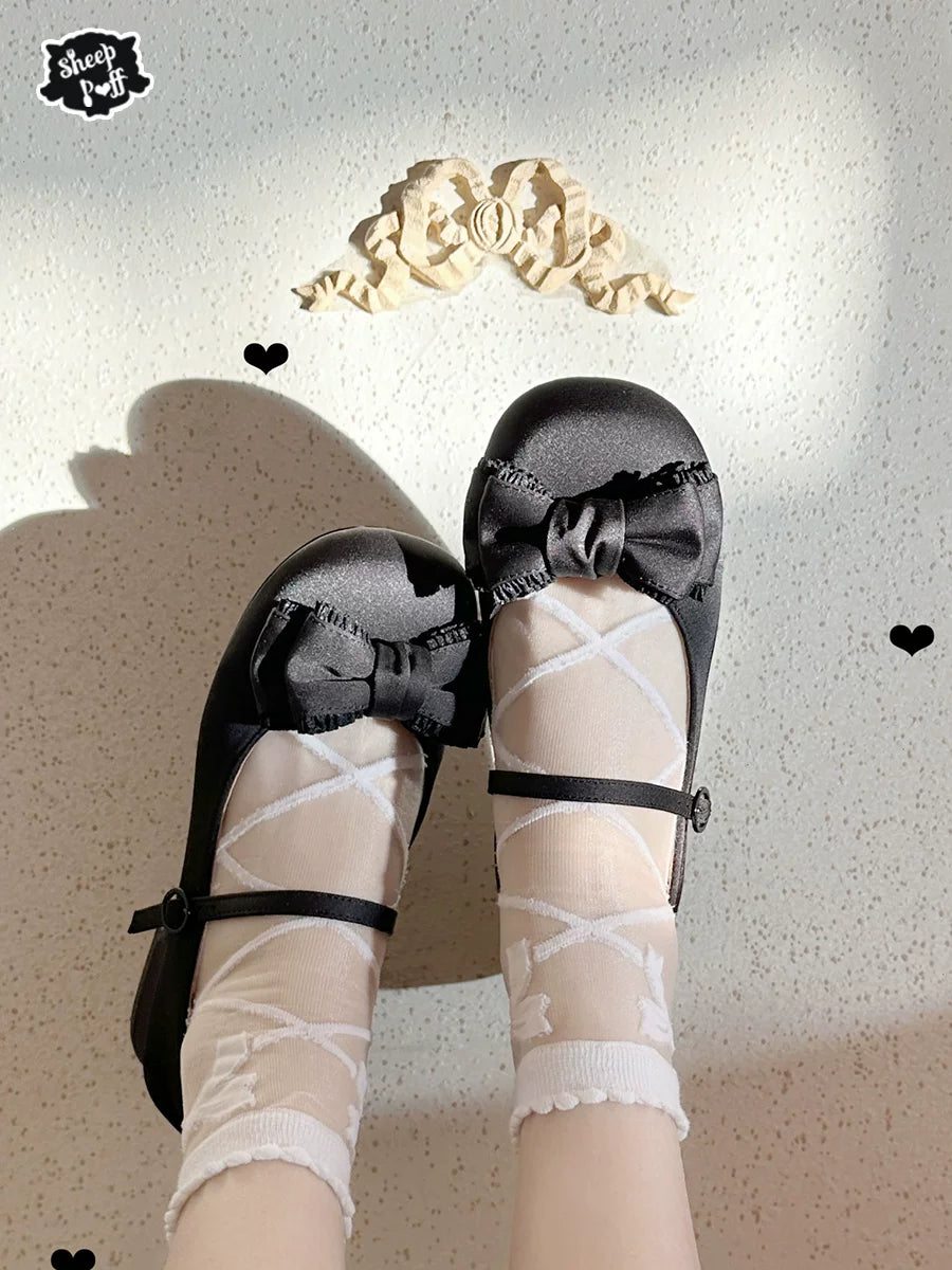 Sheep Puff bedtime fairy tale satin low heel Lolita shoes in soft pastel colors with decorative bows and intricate detailing.