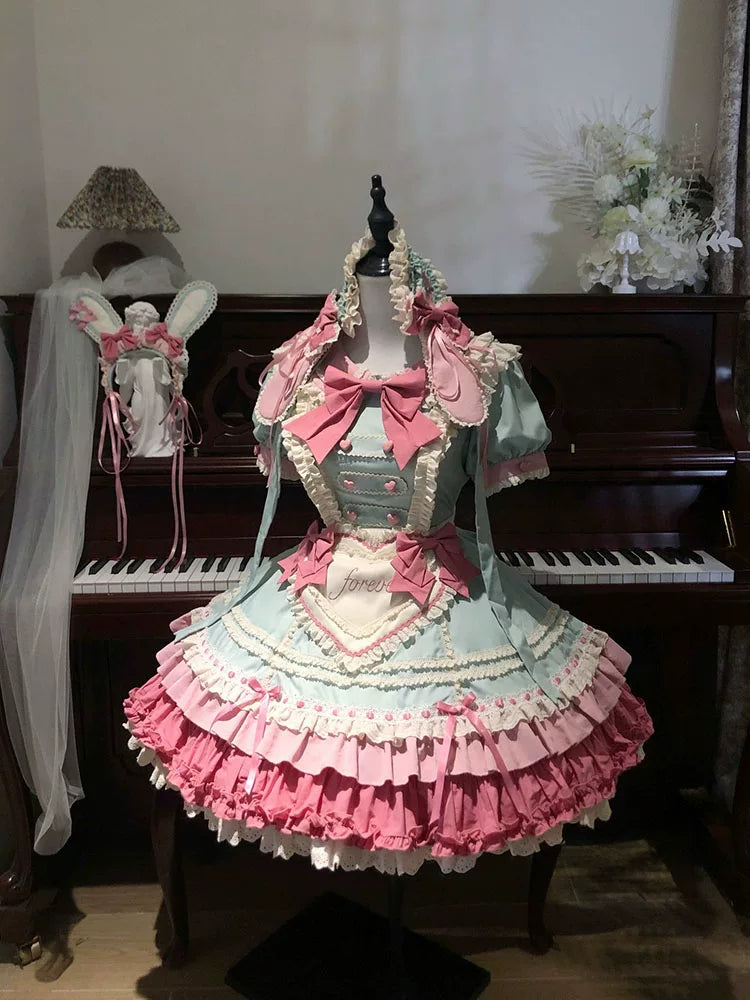 Sweet lolita OP dress with high ruffled neckline, puffed sleeves, and bow accents