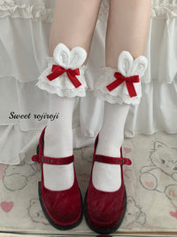 RojiRoji - Cotton Lolita Bunny Ear Socks - Summer Bow Short Socks - Short socks (about 34cm) / white ear with red bow