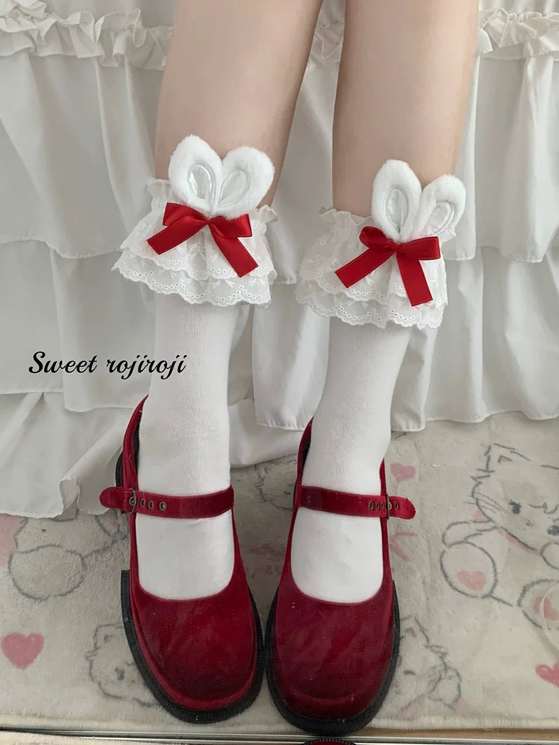 Roji Roji - Sweet Lolita Cotton Socks - Bunny Ear & Ribbon Bow Socks