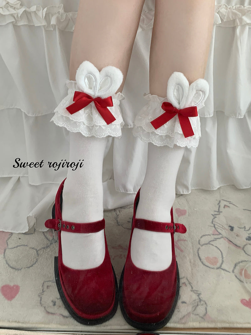 Cotton Lolita Bunny Ear Socks Summer Bow Short Socks Short socks (about 34cm) white ear with red bow
