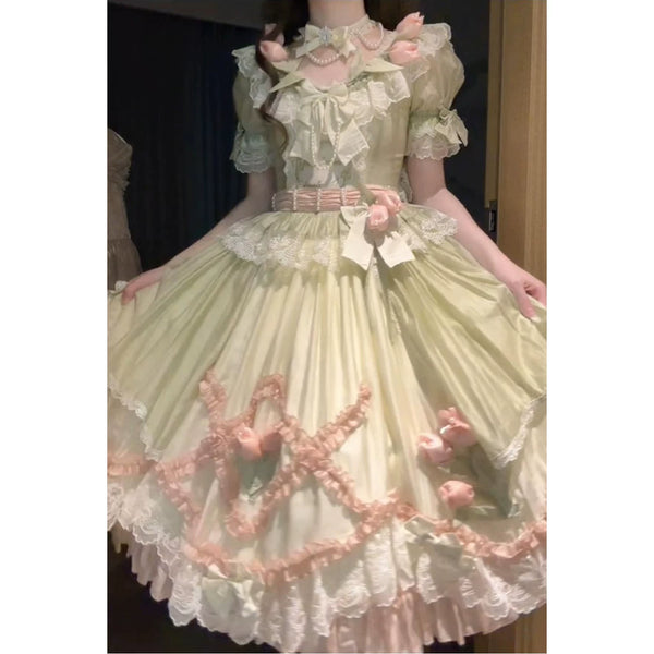 Creamy - Pink Rose Garden - Green-and-Pink Classic Lolita Dress with Lace Trim