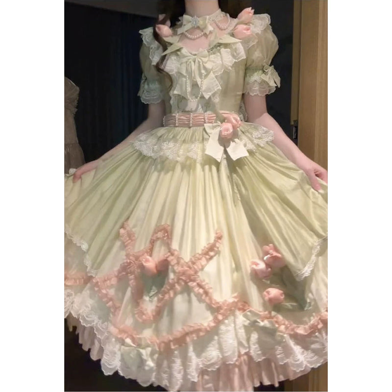 Creamy - Pink Rose Garden - Green-and-Pink Classic Lolita Dress with Lace Trim