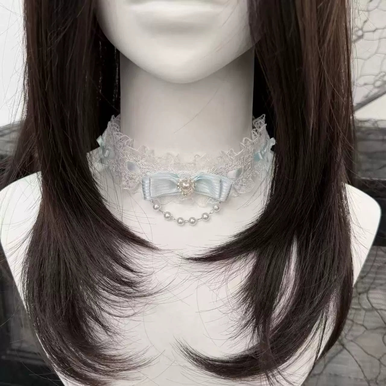 Creamy - Butterfly Pearl - Lace Choker Necklace with Bow Detail