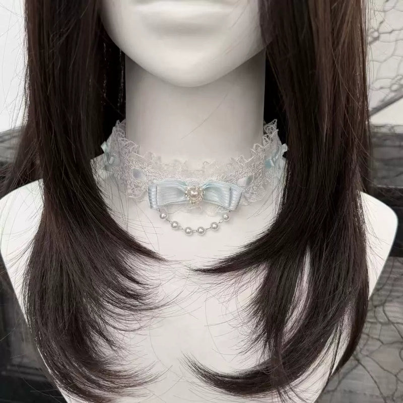 Creamy - Butterfly Pearl - Lace Choker Necklace with Bow Detail