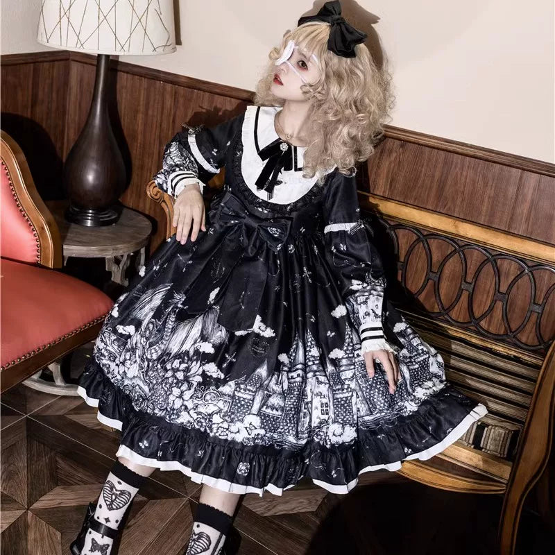 Lady Han Castle Night Gothic Lolita OP dress with intricate lace and castle print, featuring a dark, elegant design.