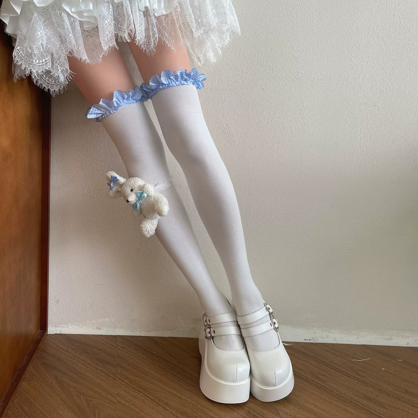 Sock Noble - Dreamy Rabbit - Plaid Lace-Trimmed Over-the-Knee Socks with Leg-Ring Options