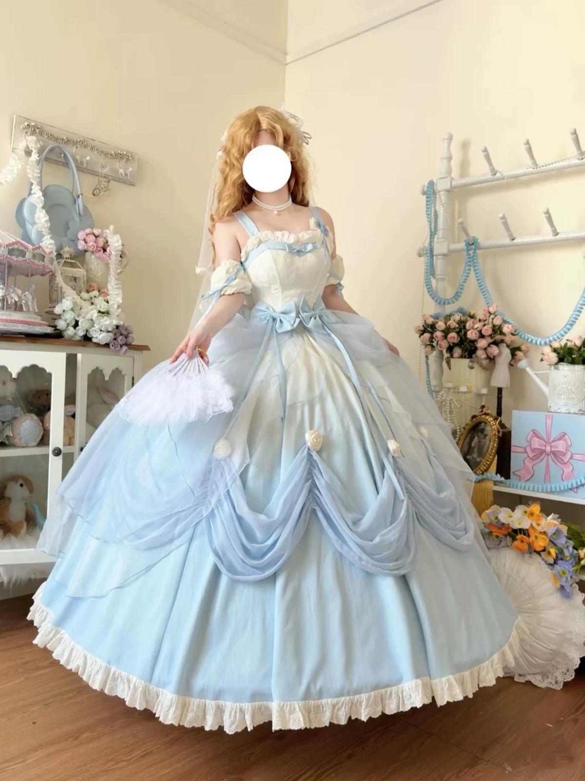 Emoji Dream True Love's Kiss gradient blue lolita OP dress with matching petticoat for full volume