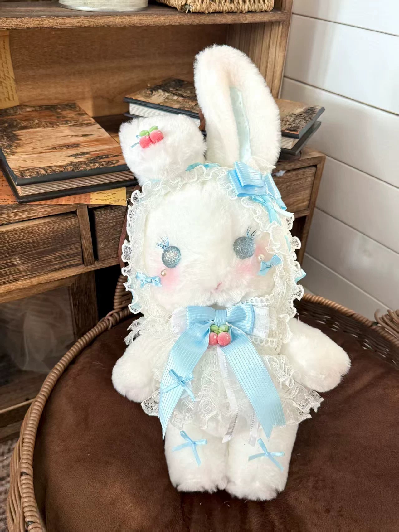 Lolita plush rabbit convertible bag in starry blue, hand carry and crossbody configuration