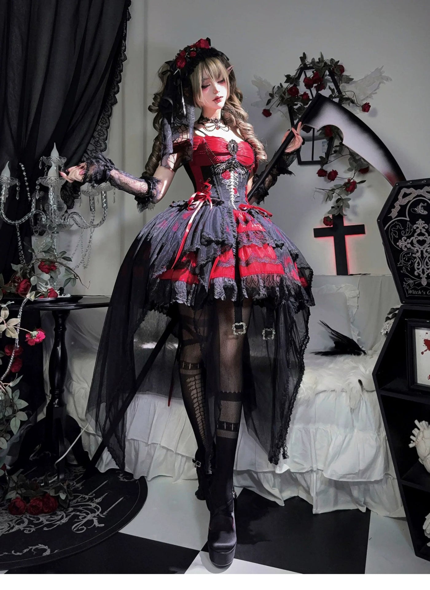 Letters from Unknown Star - Eternal Thorn of the Dragonbone - Embroidered Gothic Lolita JSK Dress, Off-Shoulder