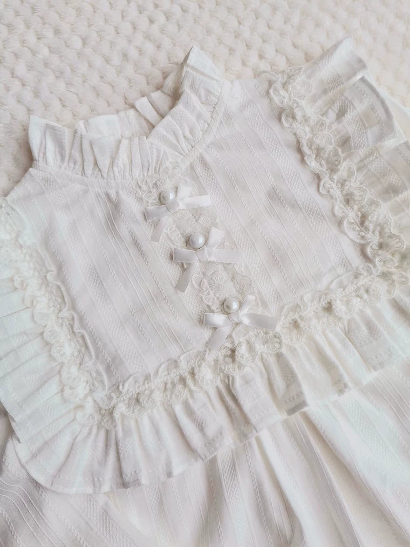 Yilia - Lace Bib - Cotton Stand Collar Blouse