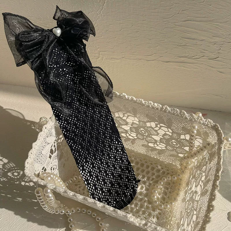 Sock Noble - Organza Heart Lace - Mid-Calf Socks with Oversized Ribbon Bows