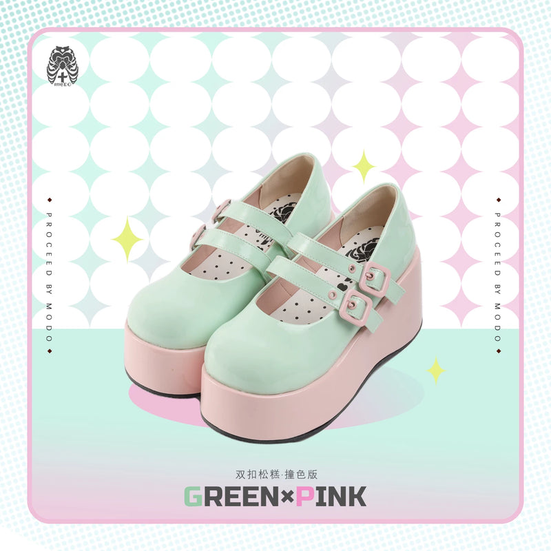 MODO Double Buckle Color Block Platform Lolita Shoes – Mint Green × Pink – view 6