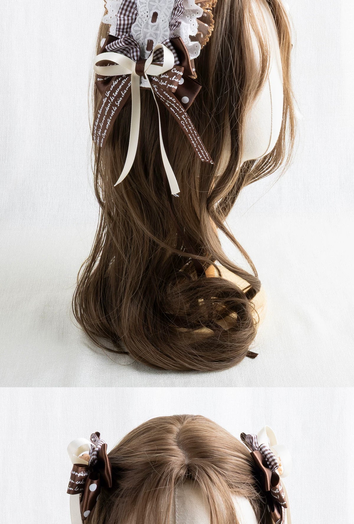 Lightbound Narrative - Chocolate Dot Bear-Ear - Headwear with Lace and Polka-Dot Bows