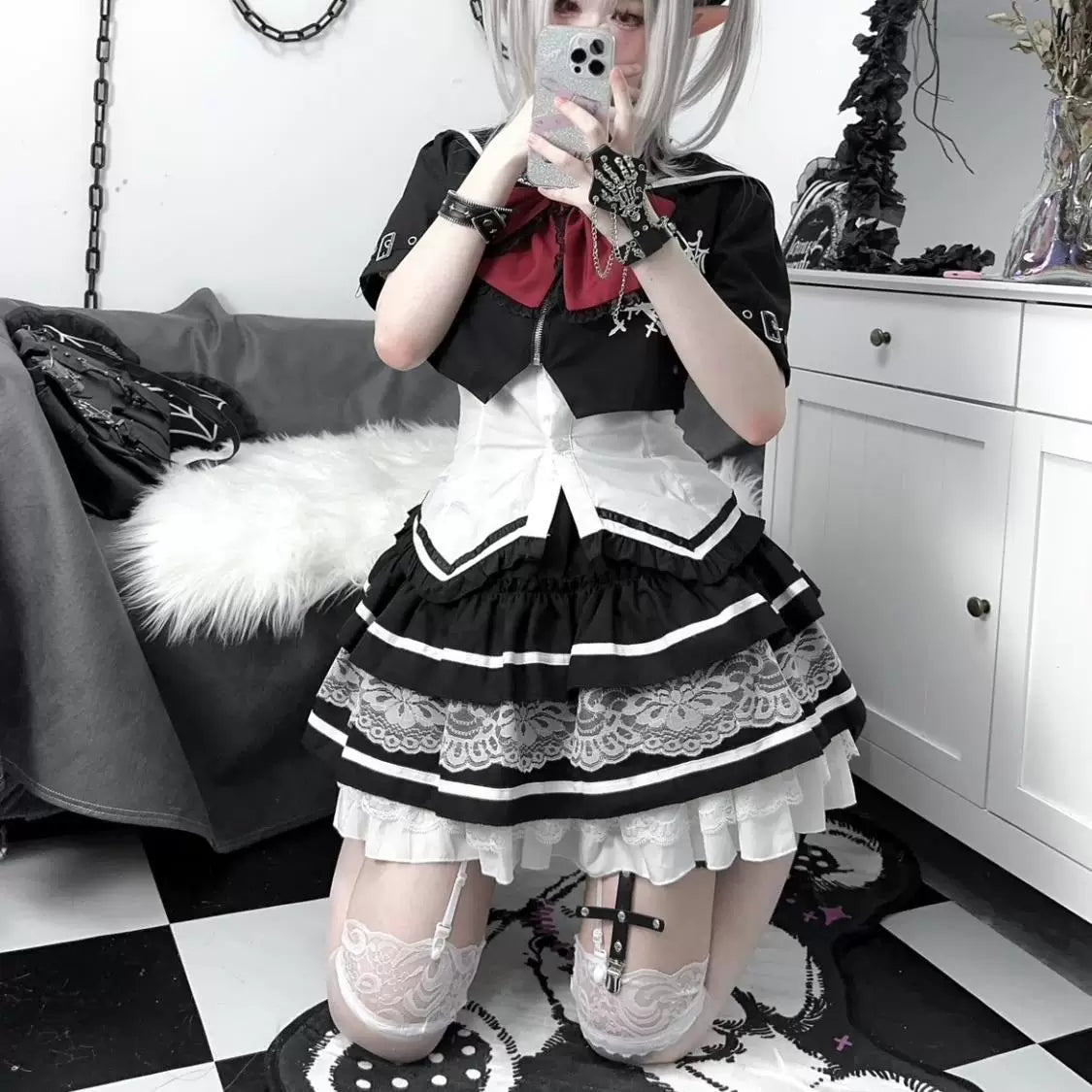 Sweetheart Dream Machine - Blood Rust - Black-and-White Gothic Punk Separates with Waist-Shaping Detail