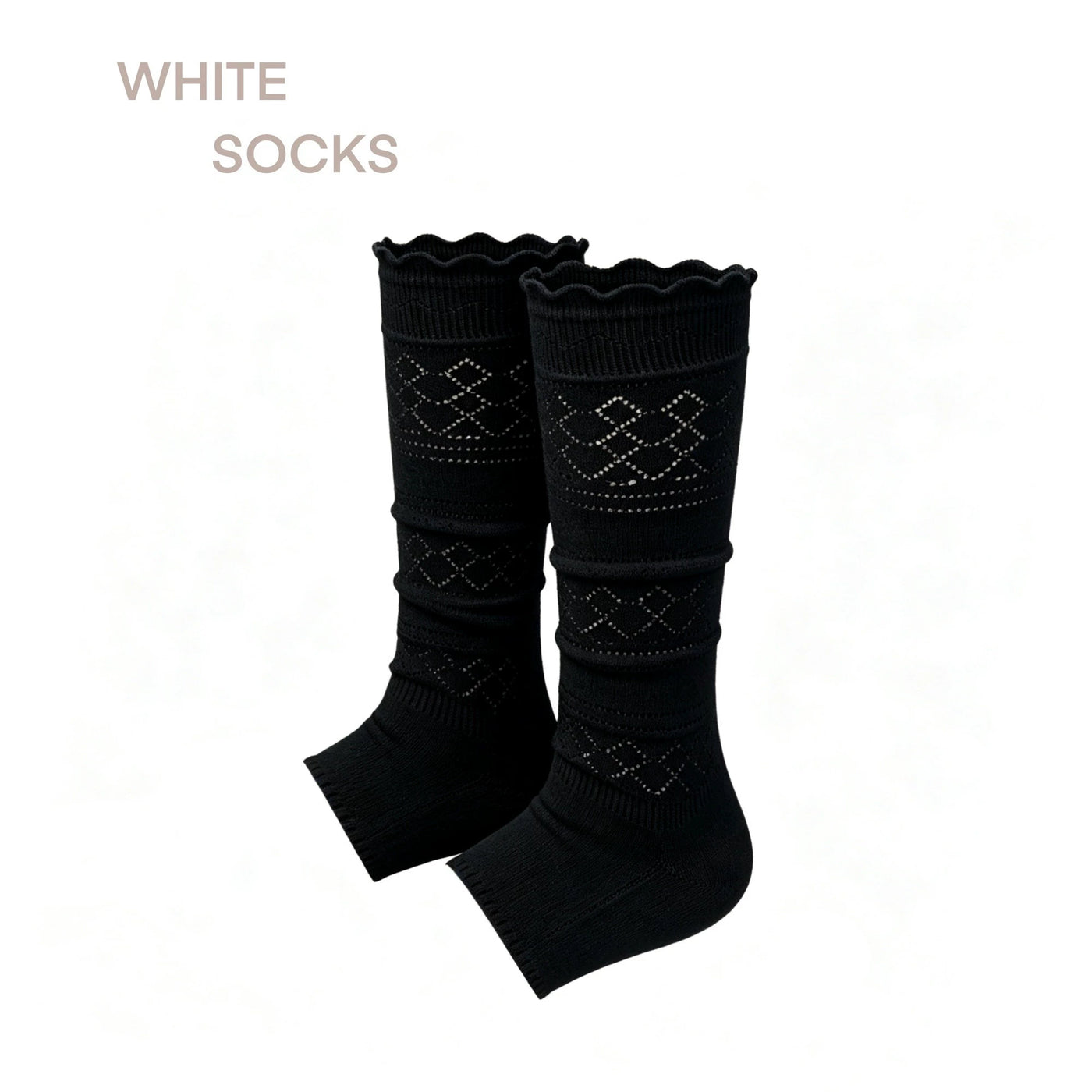 Model wearing white openwork footless socks with metallic sandals