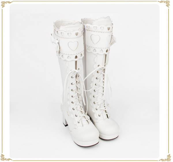 White Angelic imprint Sweet Lolita boots with heart cut-outs, lace trim, and bows