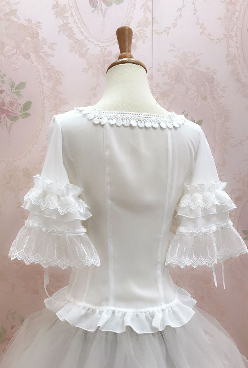 Yilia - Square Neck Frills - Short Hime Sleeve Chiffon Blouse